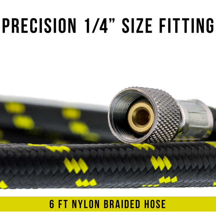 Premium 6 Foot Nylon Braided Airbrush Hose with Standard 1/8" Size Fitting on One End and a 1/4" Size Fitting on the Other End (Hose color may vary)