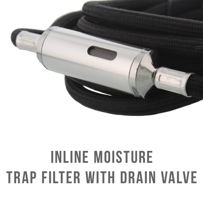 Premium 10 Foot Nylon Braided Airbrush Hose with Inline Moisture Trap Filter - 1/8" BSP Air Brush Adapter Fitting Connectors on Both Ends