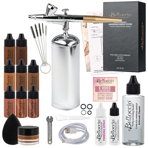 Belloccio Complete Cordless Handheld Airbrush Cosmetic Makeup System with 5 Dark Foundation Shades, 18-Piece Kit, Primer, Blush, Bronzer, Highlighter