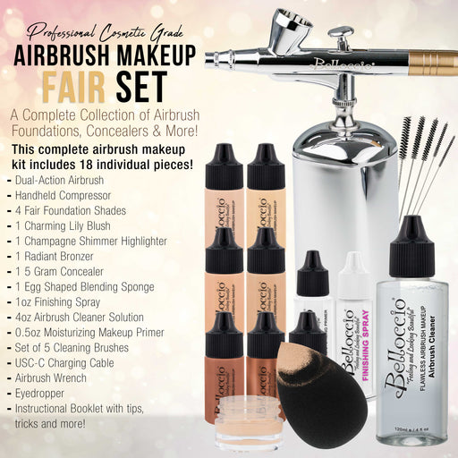 Belloccio Complete Cordless Handheld Airbrush Cosmetic Makeup System with 4 Fair Foundation Shades, 18-Piece Kit, Primer, Blush, Bronzer, Highlighter