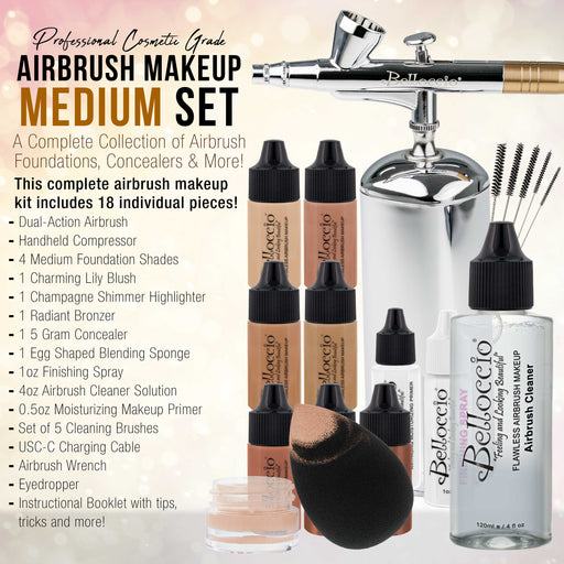 Belloccio Complete Cordless Handheld Airbrush Cosmetic Makeup System with 4 Medium Foundation Shades, 18-Piece Kit, Primer, Blush, Bronzer Highlighter