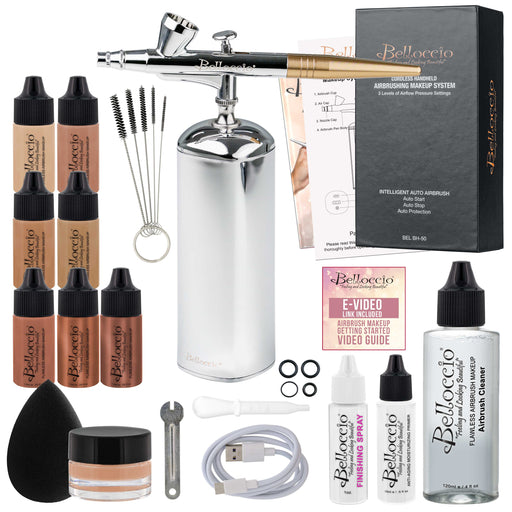 Belloccio Complete Cordless Handheld Airbrush Cosmetic Makeup System with 4 Medium Foundation Shades, 18-Piece Kit, Primer, Blush, Bronzer Highlighter