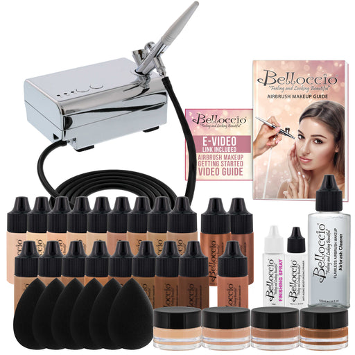 Complete Professional Belloccio Airbrush Cosmetic Makeup System with a MASTER SET of All 17 Foundation Color Shades in 1/4 oz Bottles