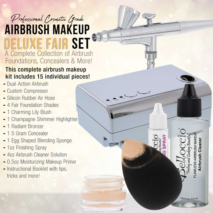 Belloccio Professional Beauty Deluxe Airbrush Cosmetic Makeup System with 4 Fair Shades of Foundation in 1/2 oz Bottles