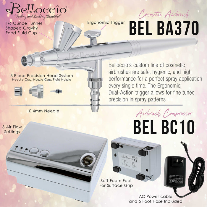 Belloccio Professional Beauty Deluxe Airbrush Cosmetic Makeup System with 4 Fair Shades of Foundation in 1/2 oz Bottles