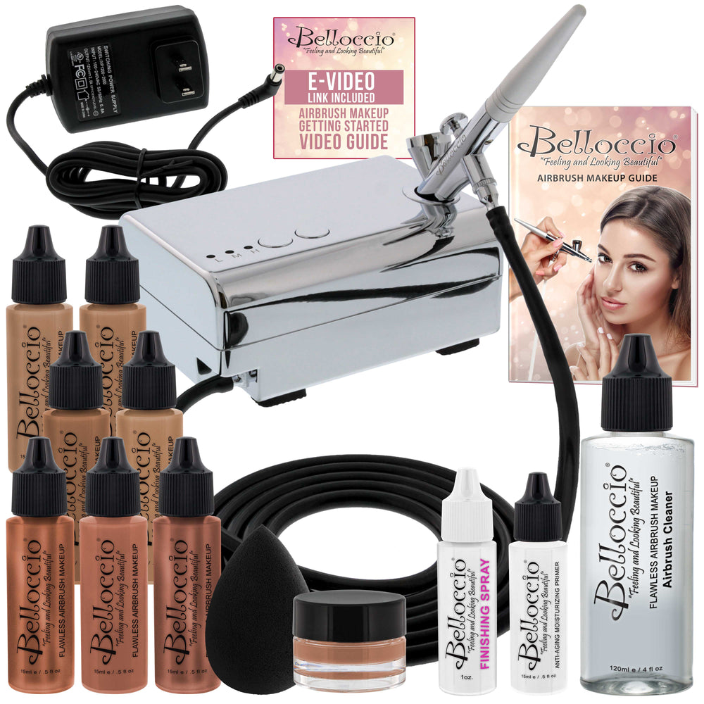 Belloccio Professional Beauty Deluxe Airbrush Cosmetic Makeup System with 4 Tan Shades of Foundation in 1/2 oz Bottles