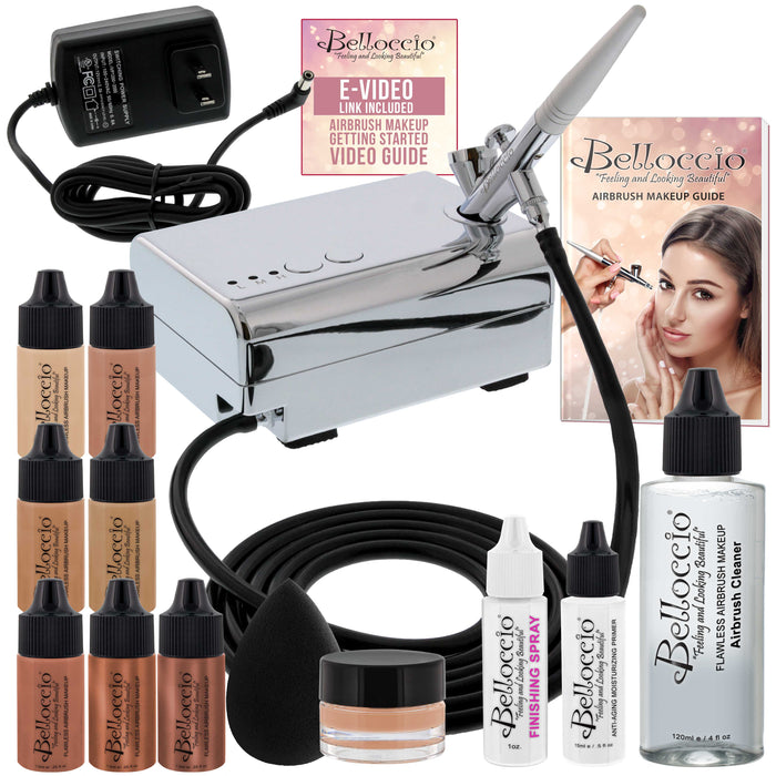 Belloccio Professional Beauty Airbrush Cosmetic Makeup System with 4 Medium Shades of Foundation in 1/4 oz Bottles
