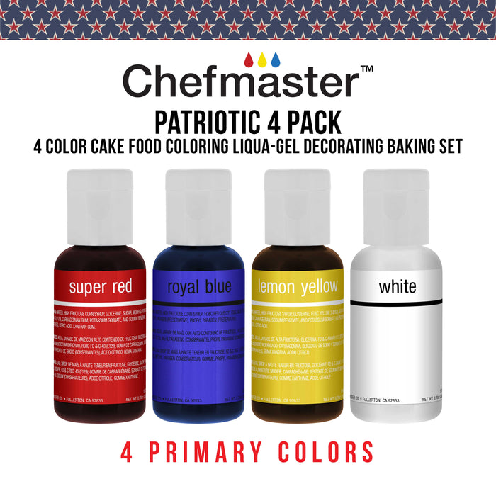 Chefmaster Liqua-Gel Cake Color Set - 4 Patriotic Colors in 0.64 fl. oz. (19ml) Bottles