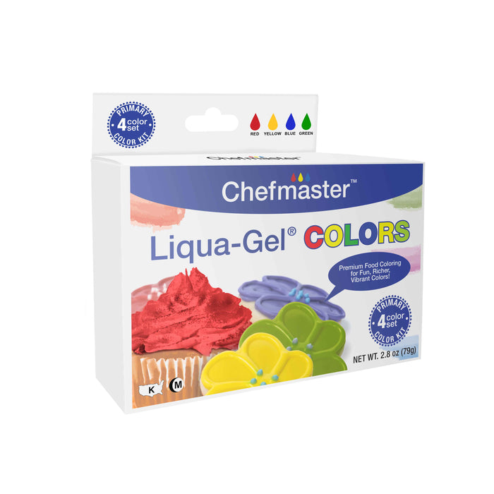 Chefmaster Liqua-Gel Cake Color Set - 4 Primary Colors in 0.7 fl. oz. (20ml) Bottles