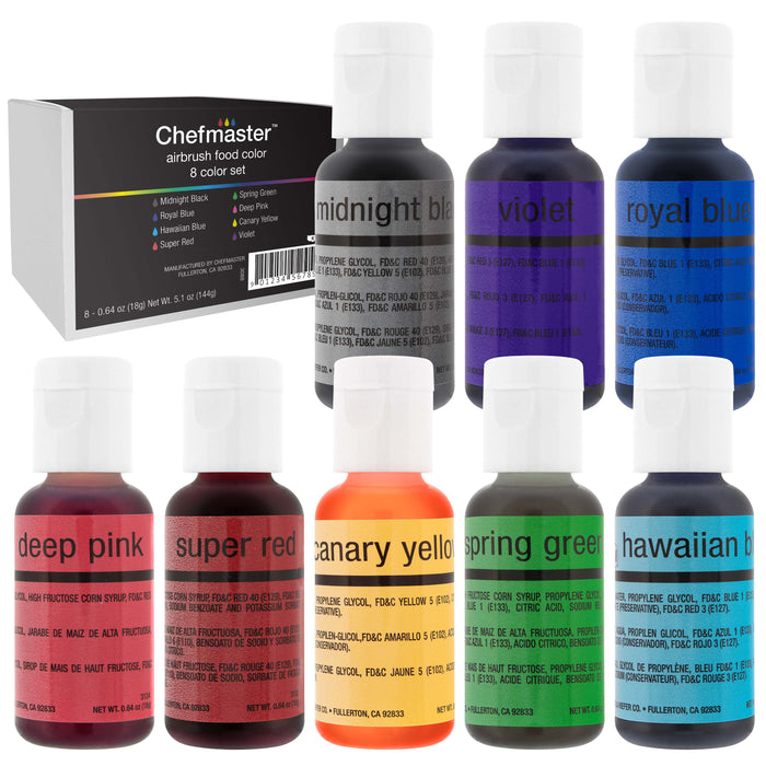 Chefmaster Liqua-Gel Cake Color Set - 8 Primary Colors in 0.64 fl. oz. (19ml) Bottles