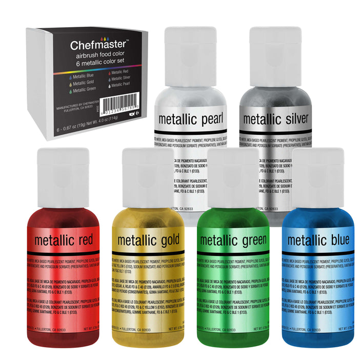 Chefmaster Liqua-Gel Cake Color Set - 6 Metallic Colors in 0.64 fl. oz. (19ml) Bottles