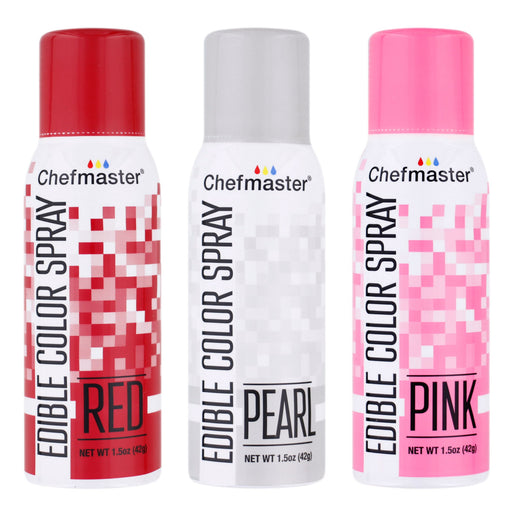 Chefmaster Edible Spray Color Valentines Theme 3-Pack - 1.5 ounce Cans (Red, Pink, Pearl)