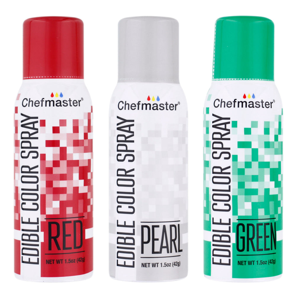 Chefmaster Edible Spray Color Christmas Theme 3-Pack - 1.5 ounce Cans (Red, Green, Pearl)