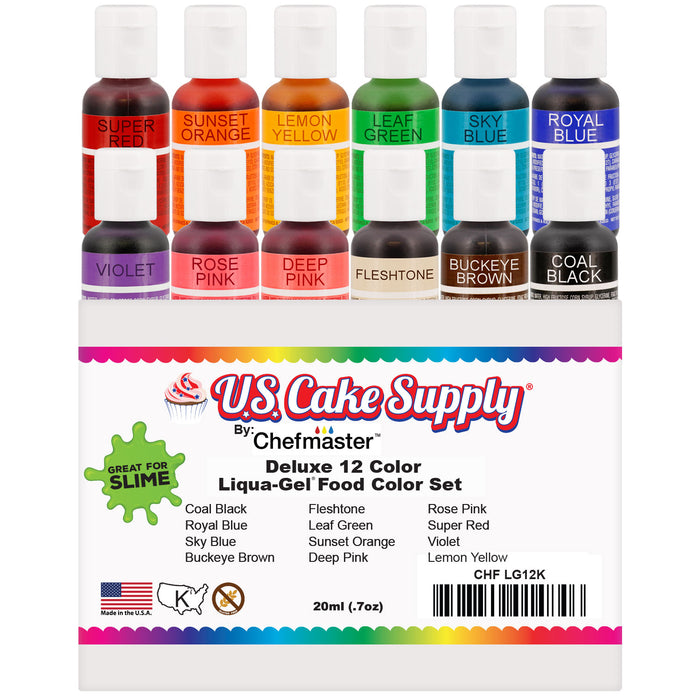 12 Color Food and Slime Coloring Liqua-Gel Decorating Kit U.S. Art Supply Food Grade, 0.75 fl. oz. (20ml) Bottles, Non-Toxic Primary Popular Colors