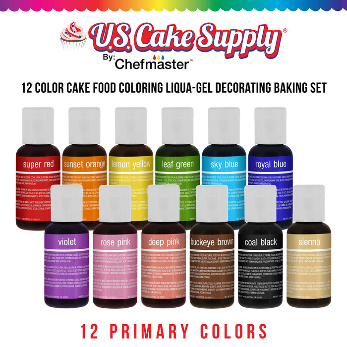 US Cake Supply by Chefmaster Liqua-Gel Cake Color Set - 12 of the Most Popular Colors in 0.7 fl. oz. (20ml) Bottles