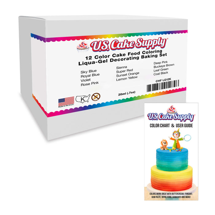 US Cake Supply by Chefmaster Liqua-Gel Cake Color Set - 12 of the Most Popular Colors in 0.7 fl. oz. (20ml) Bottles