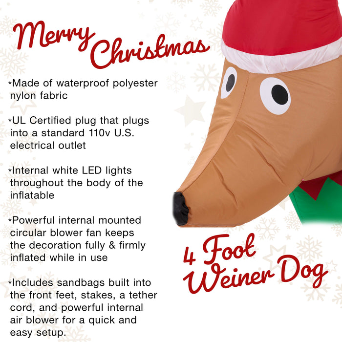 Christmas Masters 4 Foot Long Inflatable Wiener Dog, Santa Hat, Gift Indoor Outdoor Yard Lawn Decoration with LED Lights, Dachshund Dog Xmas Holiday