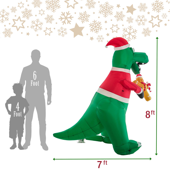 Christmas Masters 8 Foot High Inflatable T-Rex Dinosaur with Santa Hat Eating Gingerbread Man Cookie LED Lights Indoor Outdoor Yard Lawn Decoration