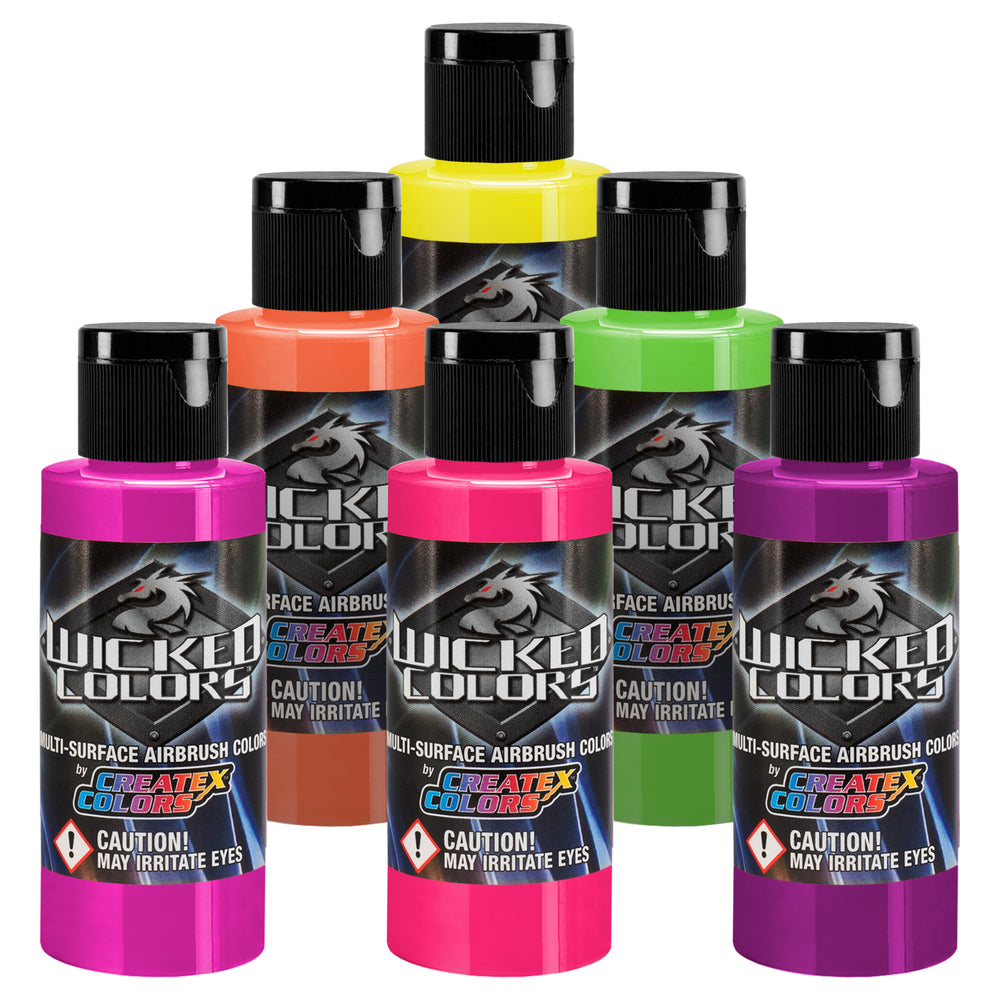 6 Color Wicked Fluorescent Airbrush Paint Set, 2 oz. Bottles