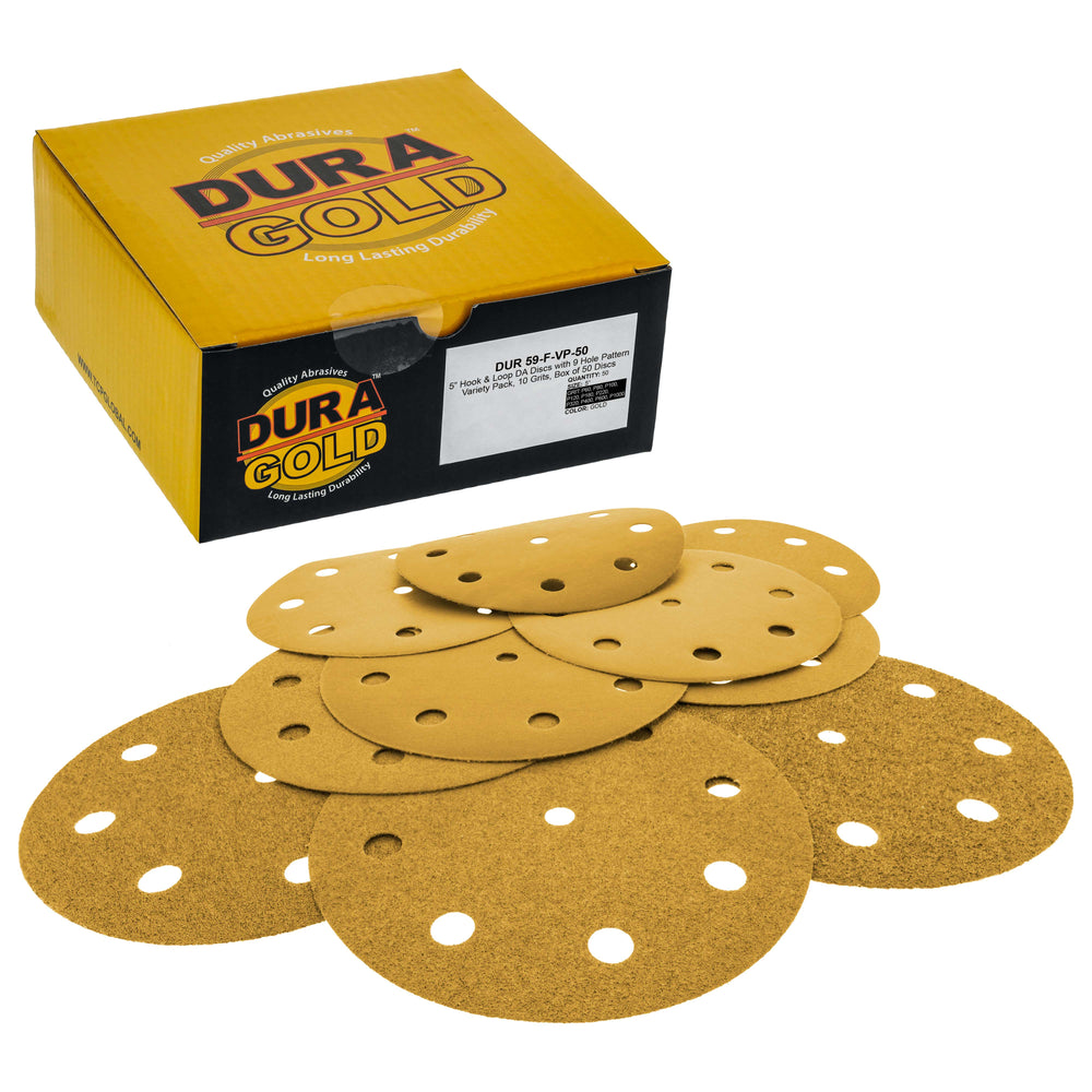 Variety Grit Pack - 5" Gold DA Sanding Discs - 9-Hole Pattern Hook and Loop - Box of 50