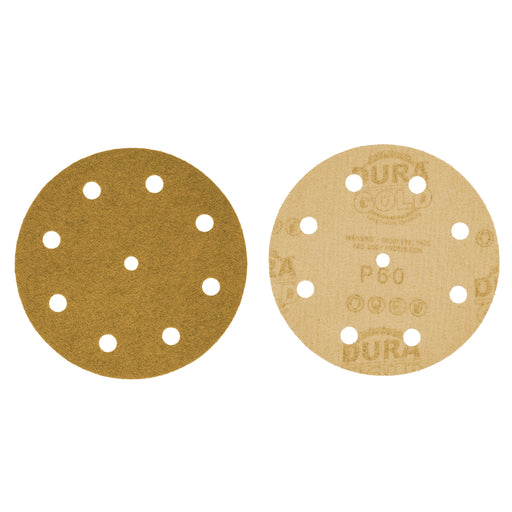 60 Grit - 5" Gold DA Sanding Discs - 9-Hole Pattern Hook and Loop - Box of 50