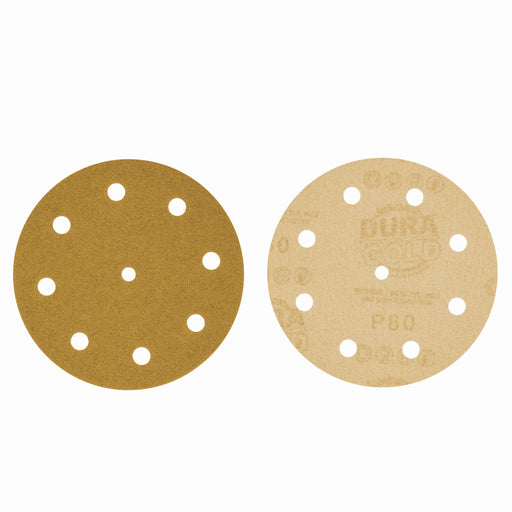 80 Grit - 5" Gold DA Sanding Discs - 9-Hole Pattern Hook and Loop - Box of 50
