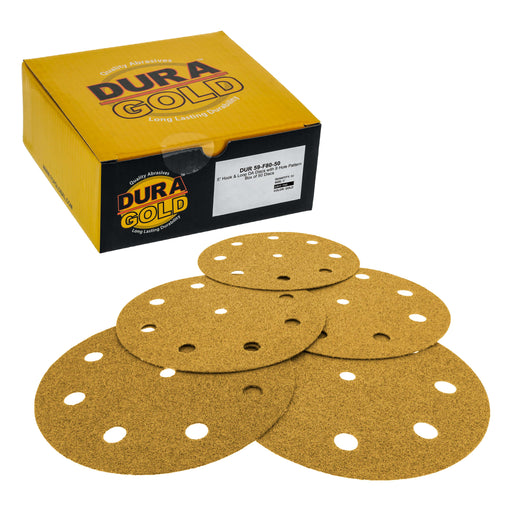 80 Grit - 5" Gold DA Sanding Discs - 9-Hole Pattern Hook and Loop - Box of 50