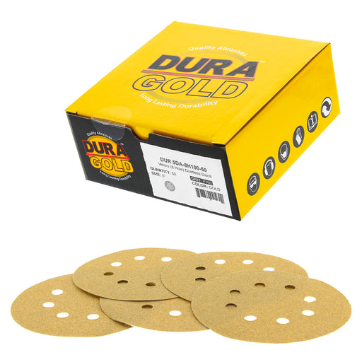 100 Grit - 5" Gold DA Sanding Discs - 8-Hole Pattern Hook and Loop - Box of 50