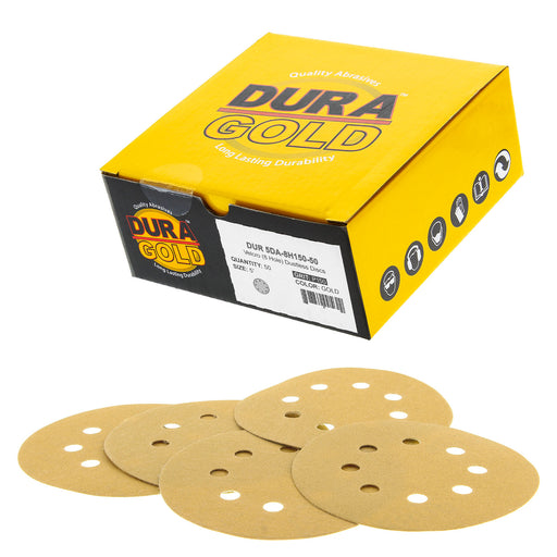 150 Grit - 5" Gold DA Sanding Discs - 8-Hole Pattern Hook and Loop - Box of 50