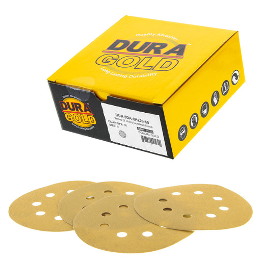 220 Grit - 5" Gold DA Sanding Discs - 8-Hole Pattern Hook and Loop - Box of 50