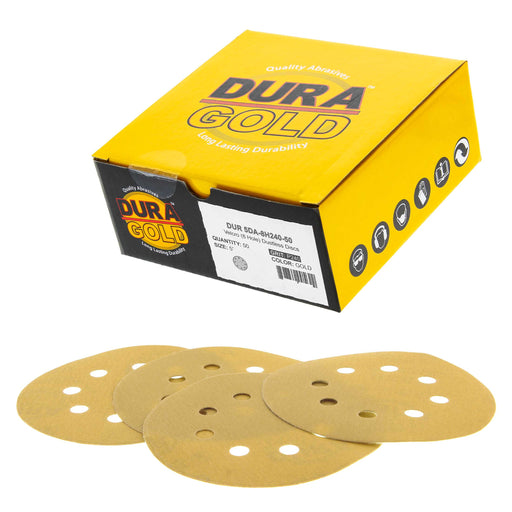 240 Grit - 5" Gold DA Sanding Discs - 8-Hole Pattern Hook and Loop - Box of 50