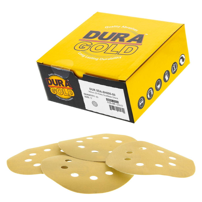 600 Grit - 5" Gold DA Sanding Discs - 8-Hole Pattern Hook and Loop - Box of 50