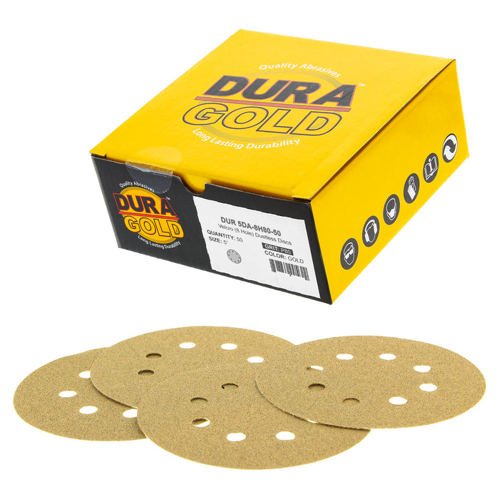 80 Grit - 5" Gold DA Sanding Discs - 8-Hole Pattern Hook and Loop - Box of 50