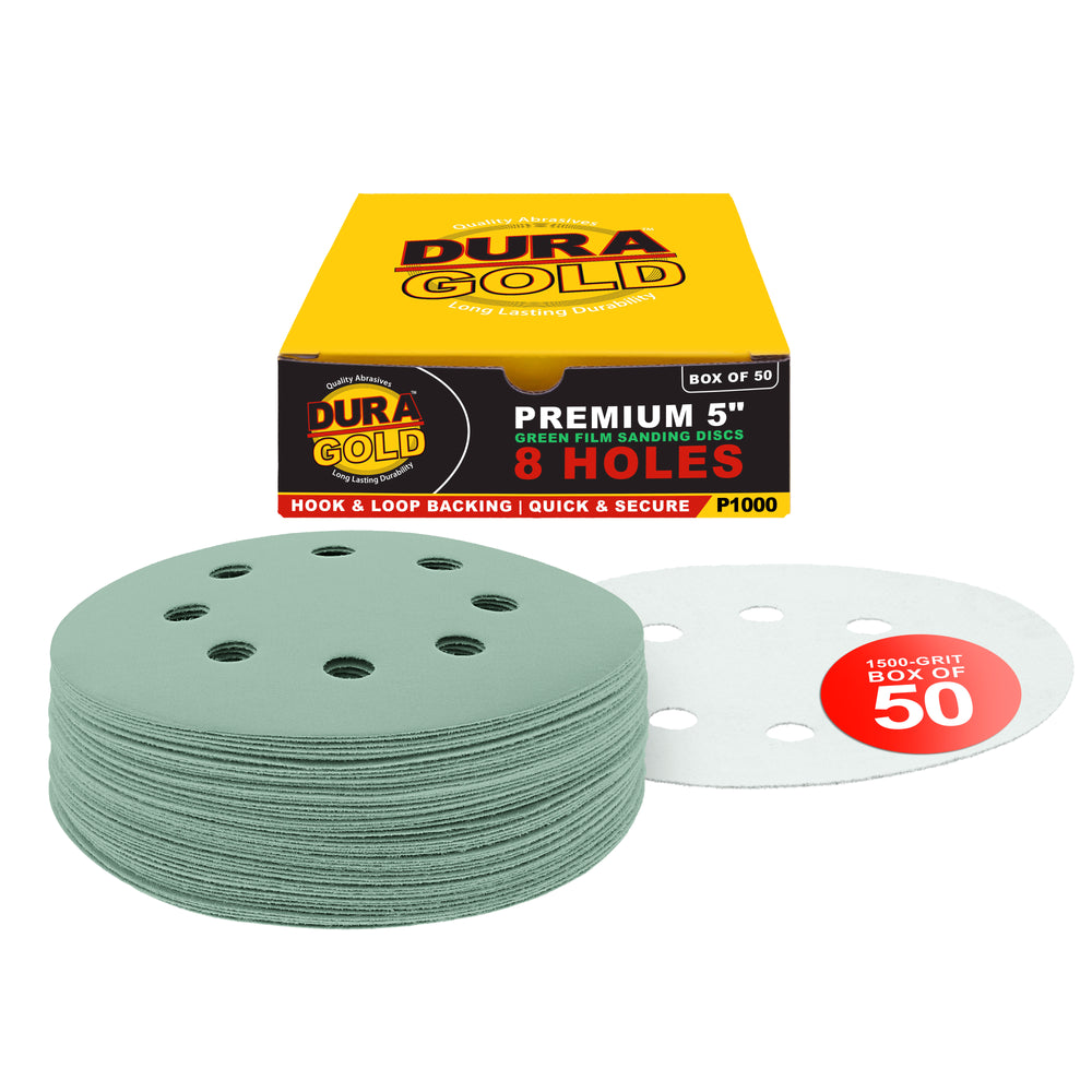 1500 Grit - 5" Green Film DA Sanding Discs - 8-Hole Pattern Hook and Loop - Box of 50
