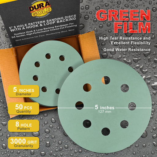3000 Grit - 5" Green Film DA Sanding Discs - 8-Hole Pattern Hook and Loop - Box of 50