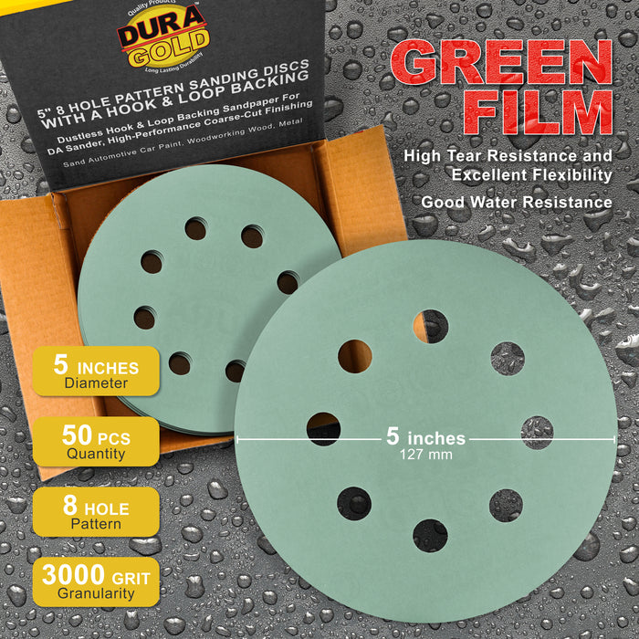 3000 Grit - 5" Green Film DA Sanding Discs - 8-Hole Pattern Hook and Loop - Box of 50
