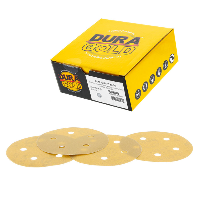 220 Grit - 5" Gold DA Sanding Discs - 5-Hole Pattern Hook and Loop - Box of 50