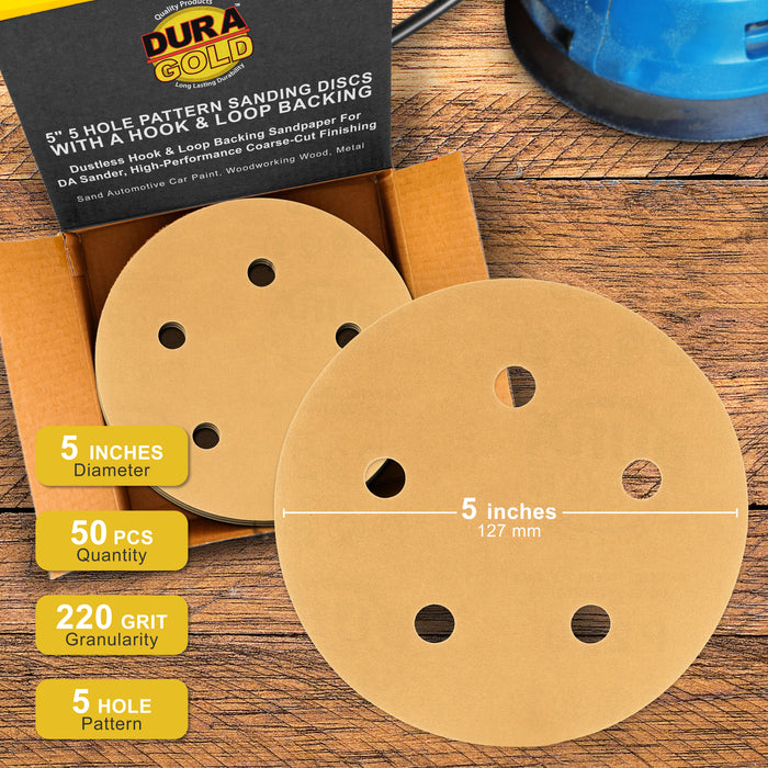 220 Grit - 5" Gold DA Sanding Discs - 5-Hole Pattern Hook and Loop - Box of 50