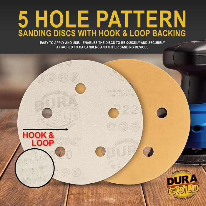 220 Grit - 5" Gold DA Sanding Discs - 5-Hole Pattern Hook and Loop - Box of 50