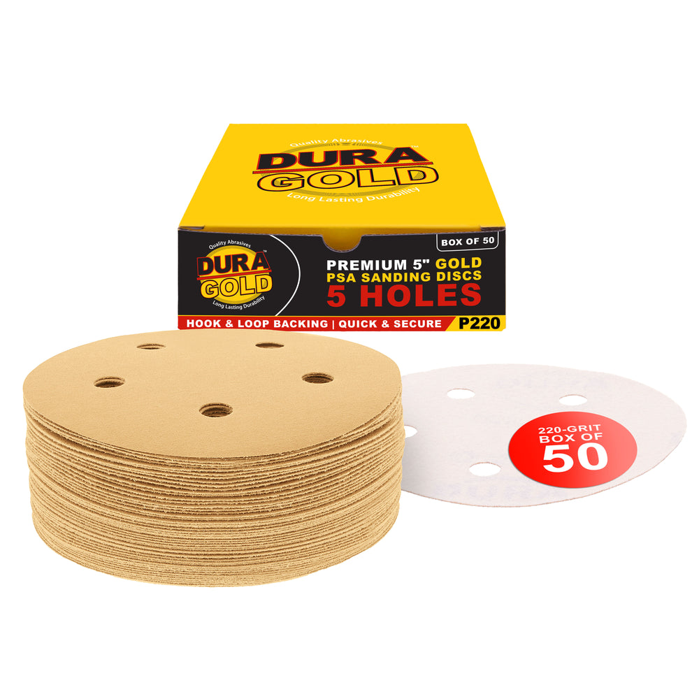 220 Grit - 5" Gold DA Sanding Discs - 5-Hole Pattern Hook and Loop - Box of 50