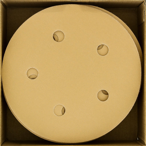 320 Grit - 5" Gold DA Sanding Discs - 5-Hole Pattern Hook and Loop - Box of 50