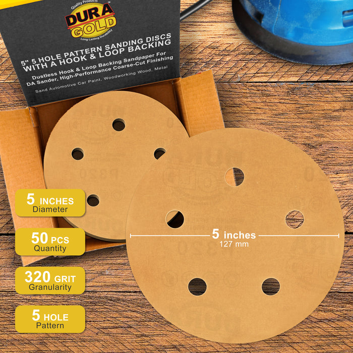 320 Grit - 5" Gold DA Sanding Discs - 5-Hole Pattern Hook and Loop - Box of 50