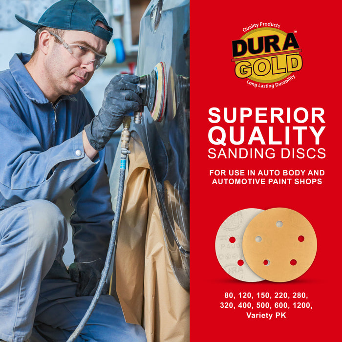 400 Grit - 5" Gold DA Sanding Discs - 5-Hole Pattern Hook and Loop - Box of 50