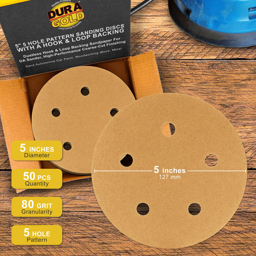 80 Grit - 5" Gold DA Sanding Discs - 5-Hole Pattern Hook and Loop - Box of 50