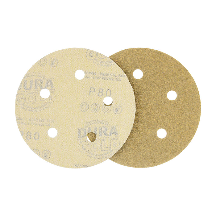 80 Grit - 5" Gold DA Sanding Discs - 5-Hole Pattern Hook and Loop - Box of 50