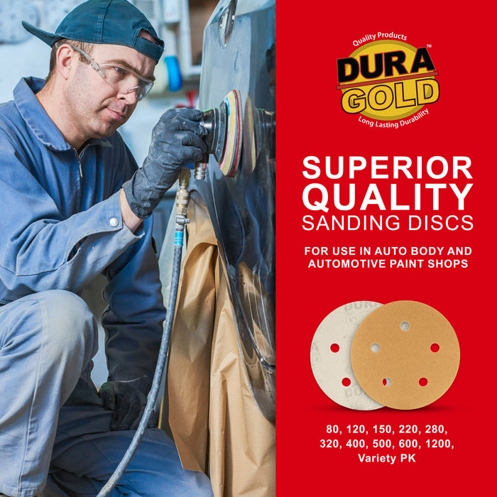 80 Grit - 5" Gold DA Sanding Discs - 5-Hole Pattern Hook and Loop - Box of 50