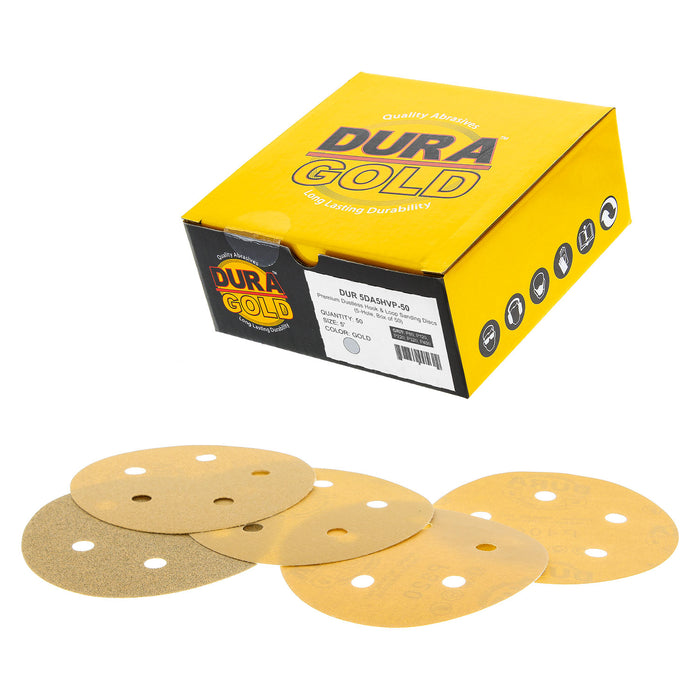 Variety Grit Pack - 5" Gold DA Sanding Discs - 5-Hole Pattern Hook and Loop - Box of 50