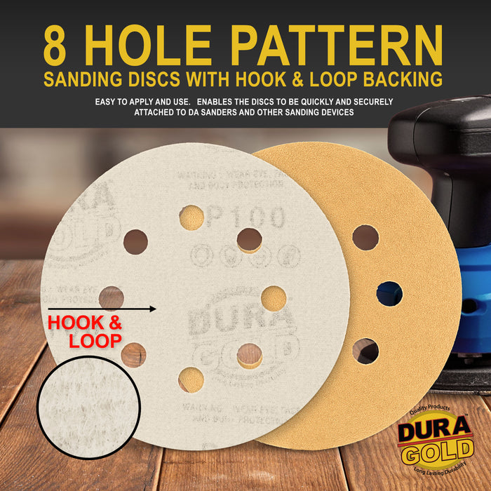 100 Grit - 5" Gold DA Sanding Discs - 8-Hole Pattern Hook and Loop - Box of 50