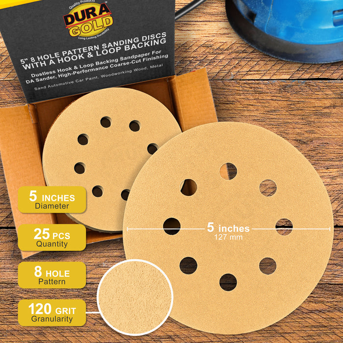120 Grit - 5" Gold DA Sanding Discs - 8-Hole Pattern Hook and Loop - Box of 50