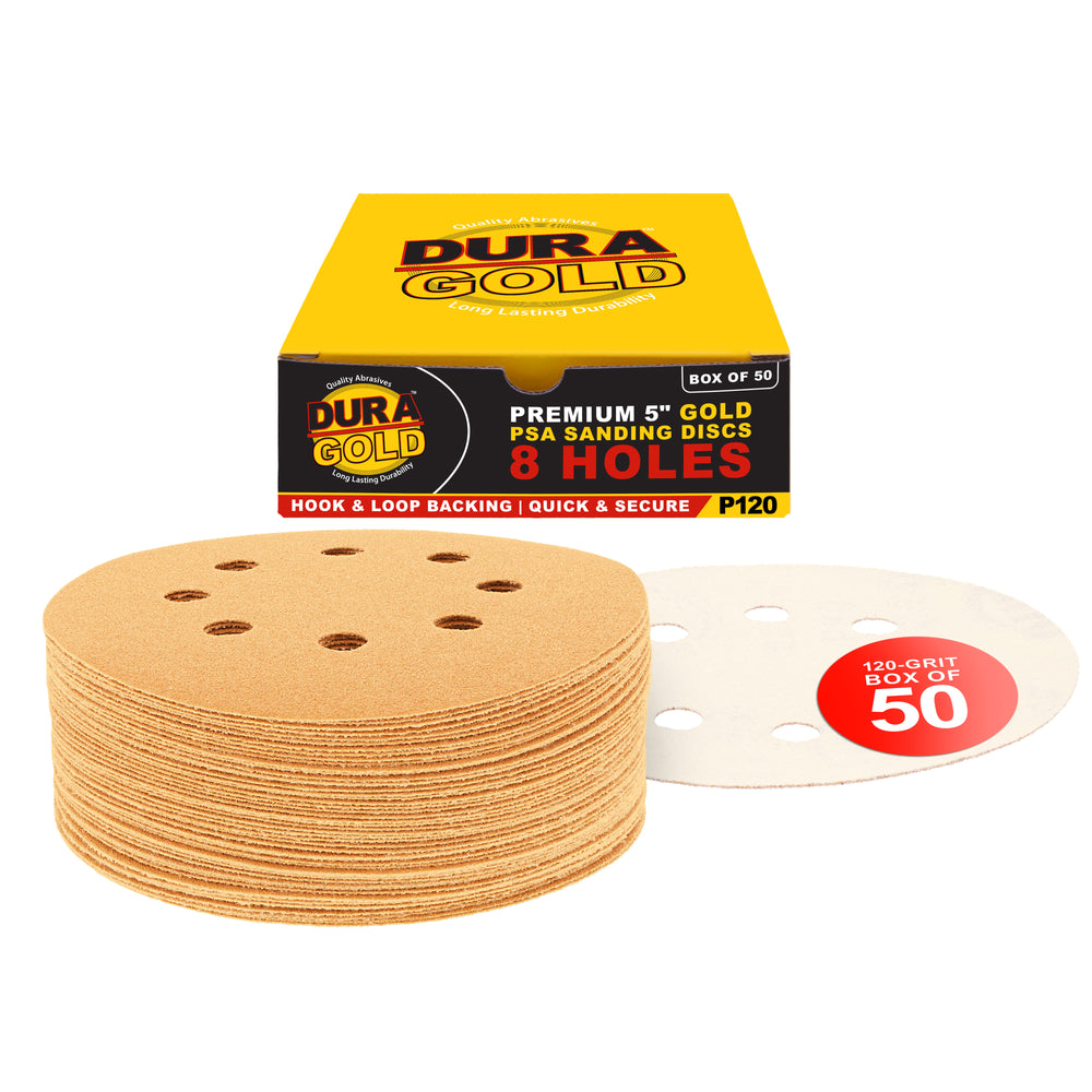 120 Grit - 5" Gold DA Sanding Discs - 8-Hole Pattern Hook and Loop - Box of 50